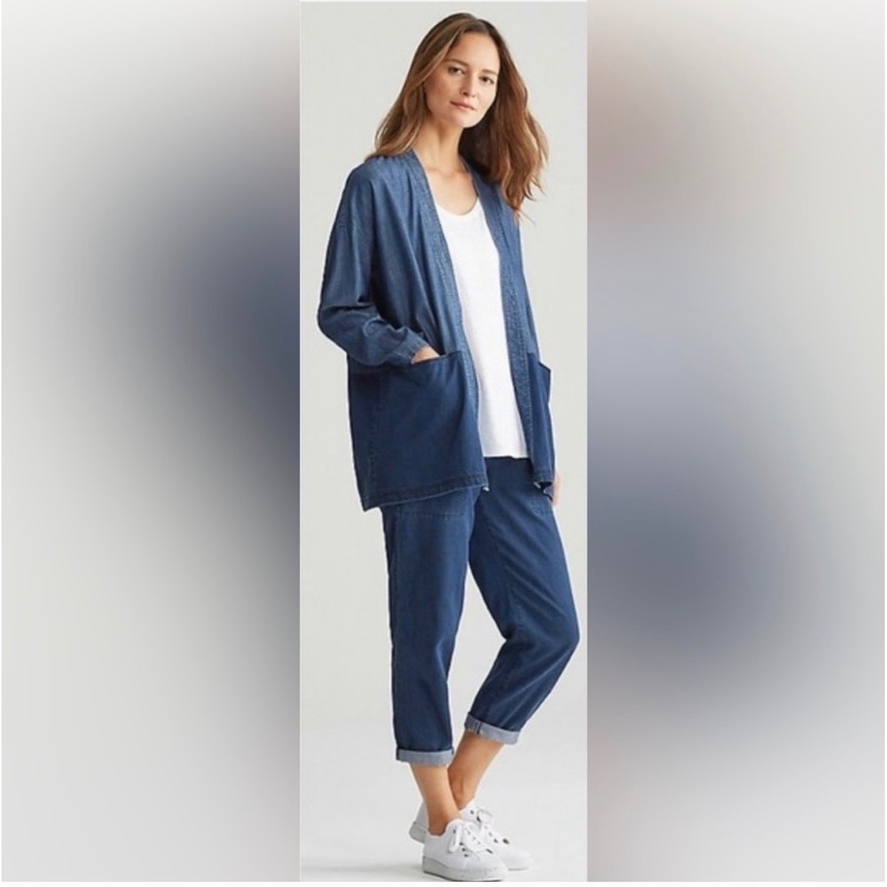Eileen Fisher Organic Cotton Tencel Denim Kimono Jacket Open Front Blue XXS